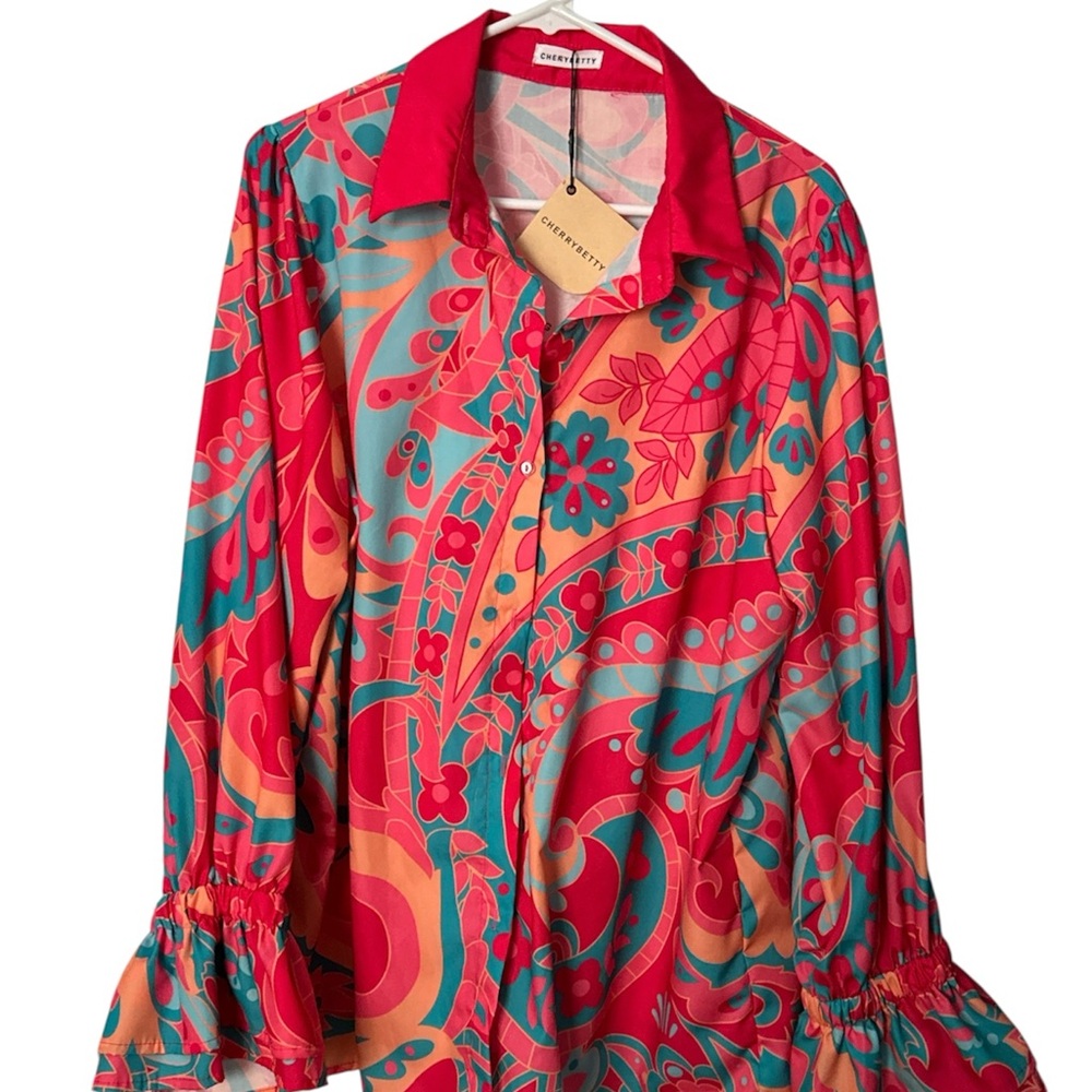 Colorful Floral Button-Up Blouse Lantern Sleeve